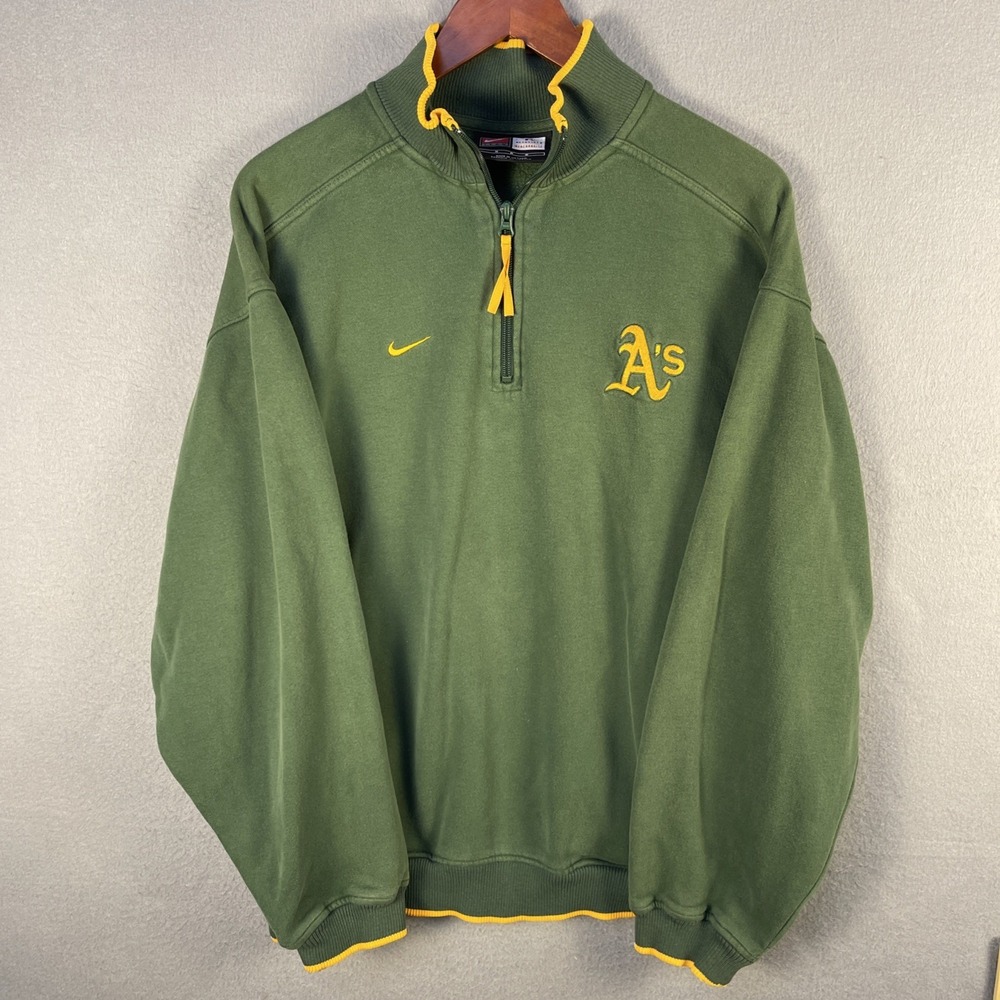 VTG Nike Oakland Atheltics Sweater Mens Medium Green 1/4 Zip Pockets Fleece MLB
